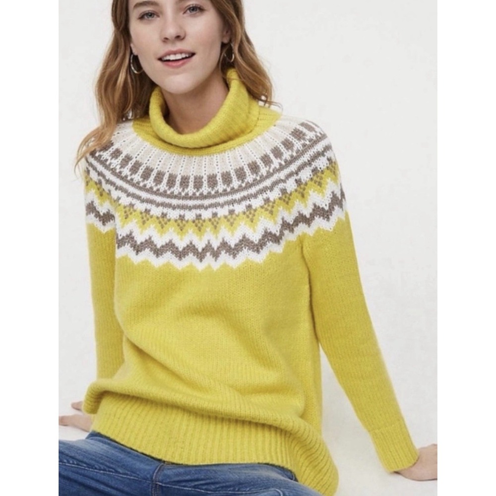 LOFT Yellow Fair Isle Chunky Knit Turtleneck Sweater Wool Blend Cabin Cozy